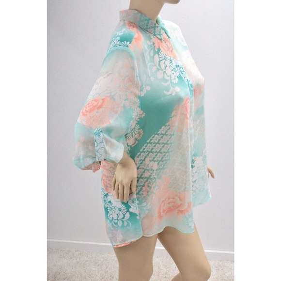 Chicos Blouse Womens Top size 3 XL 16 Tab Sleeve Green Peach Floral Split Back - Picture 4 of 10